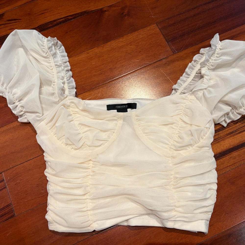 Forever 21 Ivory Ruched Puff Sleeve Blouse